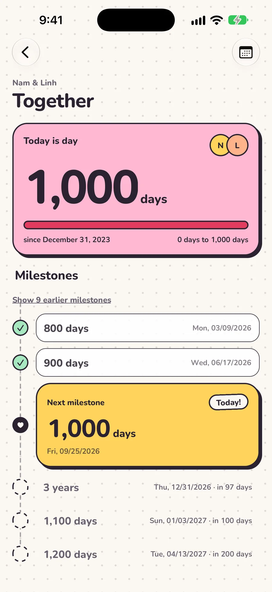 The Together screen with upcoming milestones