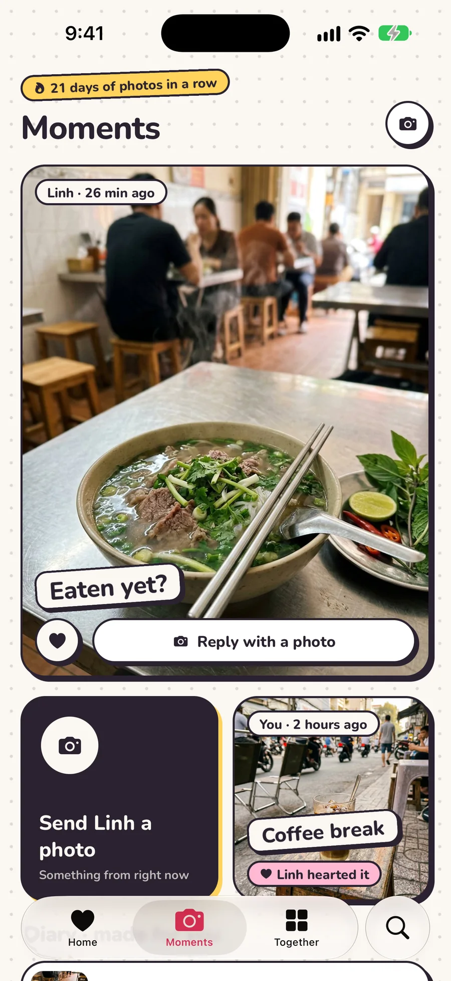 The Moments screen with the couple's photos